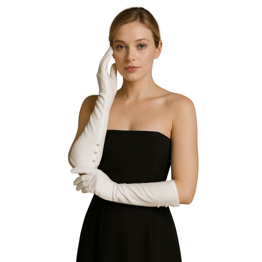 Vintage 1950s–60s White Opera Gloves with Pearl Buttons Size Small